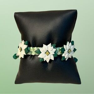 Holiday themed White Pointsettia friendship-style bracelet; unique gift; hostess